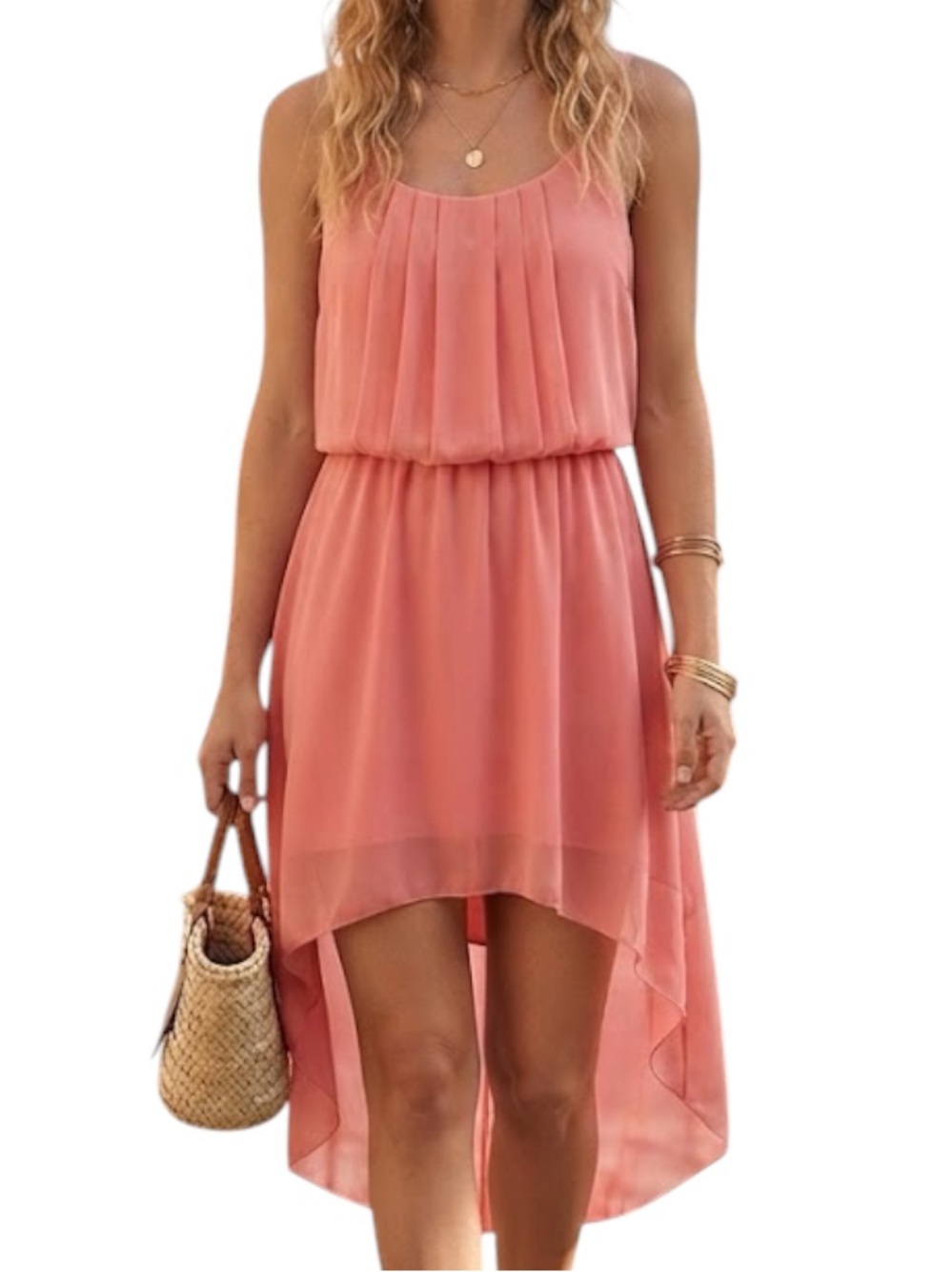 SEDUCTIONS Peach Pleated Hi-Lo Mini Dress Festival Resortwear S